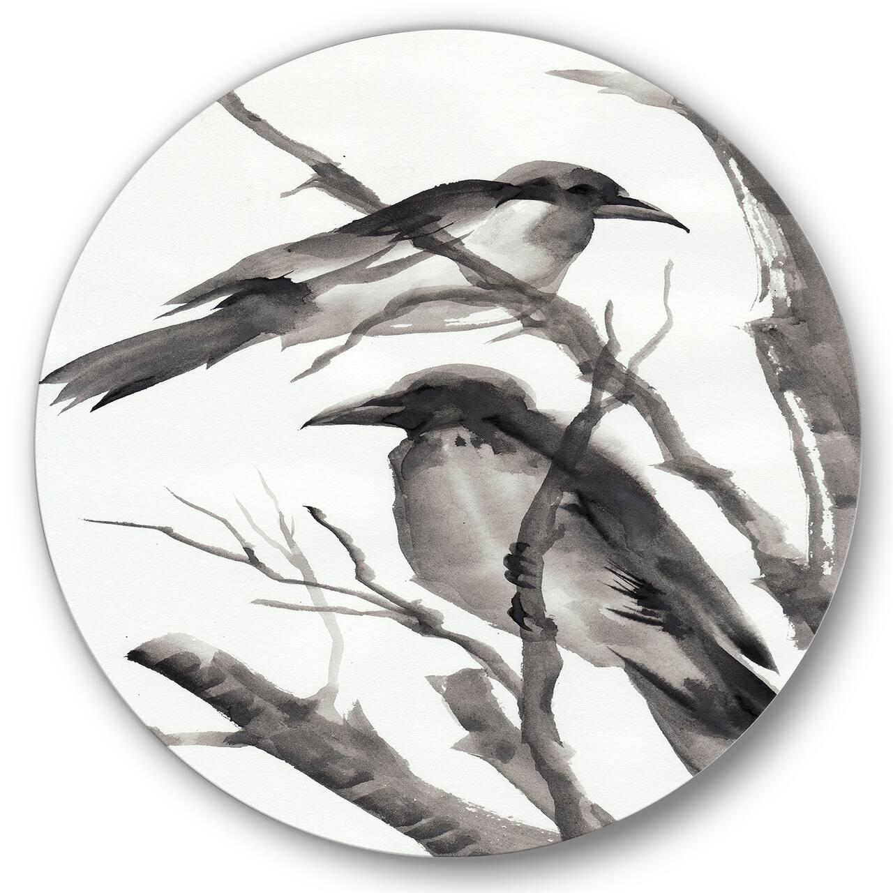 Designart - Vintage Monochrome Sleeping Crows - Traditional Metal Circle Wall Art